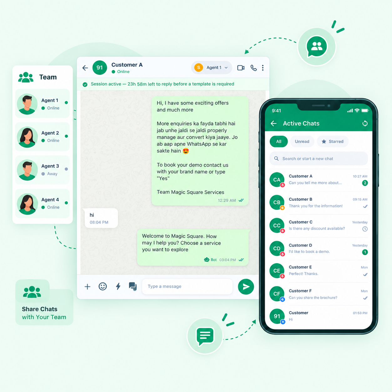 Shared team chat CRM with multiple WhatsApp agents
